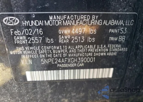 2016 Hyundai Sonata Se z USA, uszkodzony, nr VIN 5NPE24AFXGH390001